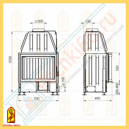 Стальная топка Рона 710Ш, панорама (Мета) 12 кВт